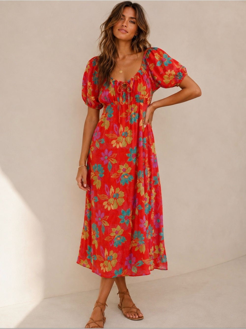 Billabong Red Floral Puff-Sleeve Maxi Dress